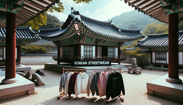 Modern urban clothing display with 'KOREAN STREETWEAR' branding prominently at the top.