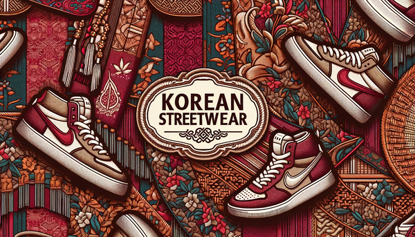 Close-up of premium fabric textures with a subtle 'KOREAN STREETWEAR' watermark.