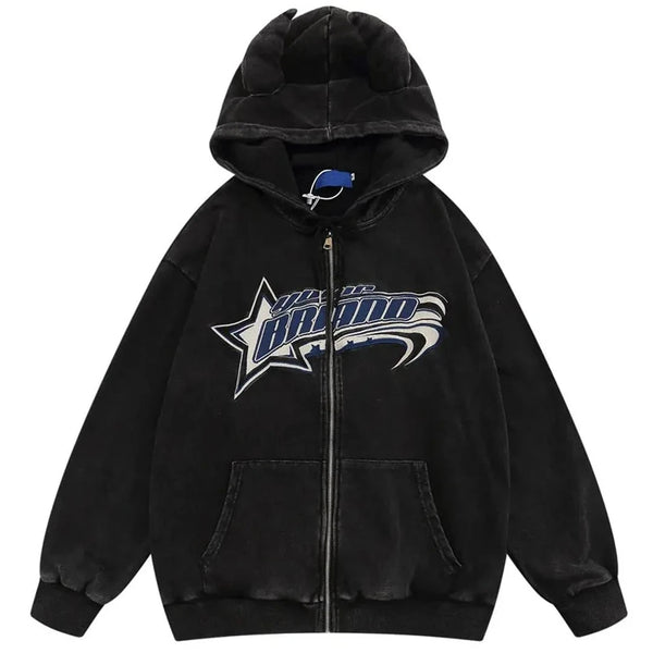 Zipper Embroidery Star Hoodie