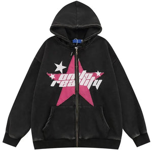 Black Embroidery Star Zipper Hoodie