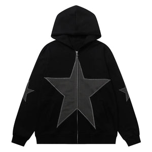 Star Print Black Zip Up Hoodie