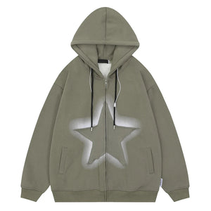 Embroidered Star Zipper Green Hoodie