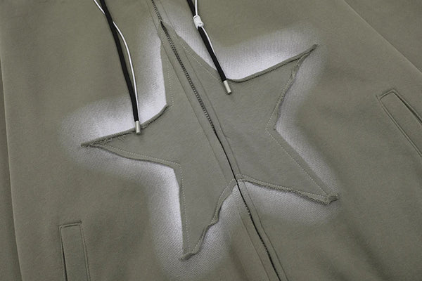 Embroidered Star Zipper Green Hoodie