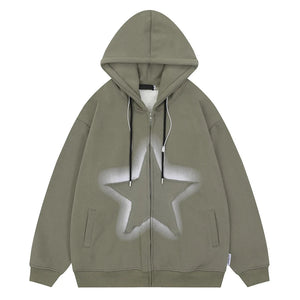 Embroidered Star Zipper Green Hoodie