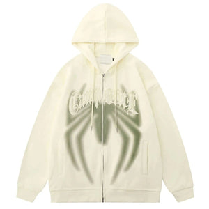 Beige Spider Print Zip Up Hoodie