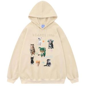 Cats Graphic Hoodie Beige Y2K