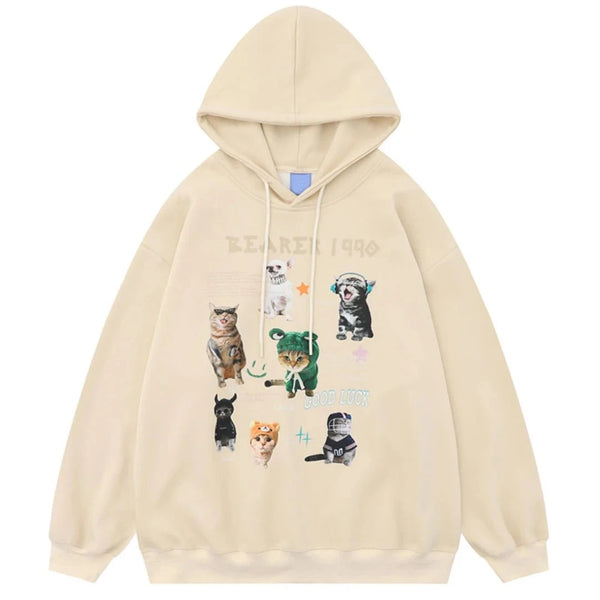 Cats Graphic Hoodie Beige Y2K