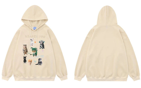 Cats Graphic Hoodie Beige Y2K