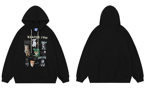 Cats Graphic Hoodie Black Y2K