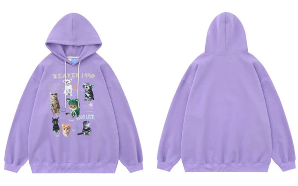 Cats Graphic Hoodie Purple Y2K