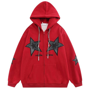 Embroidery Red Zip Hoodie Y2K Stars