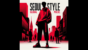 Graphic representation of a male figure in Korean streetwear amidst the Seoul cityscape with prominent 'Seoul Style Global Pulse' text.