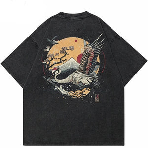 Washed Black T-Shirt Japanese Crane