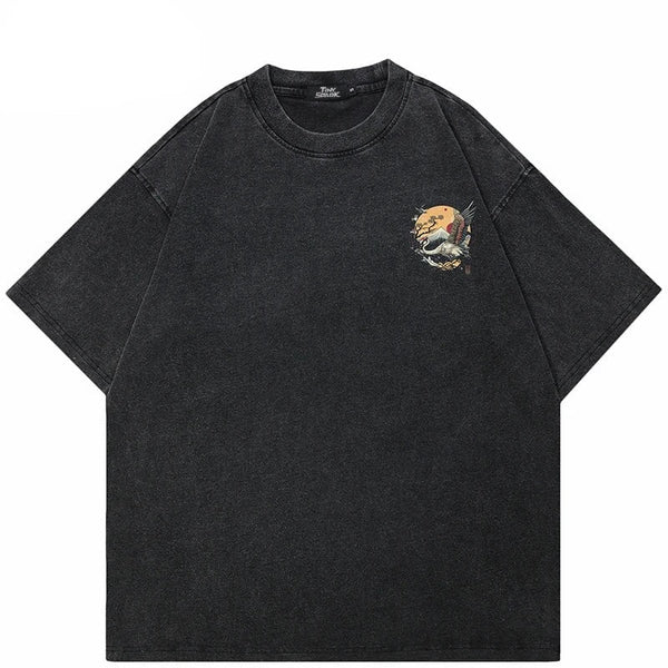 Washed Black T-Shirt Japanese Crane