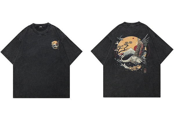 Washed Black T-Shirt Japanese Crane